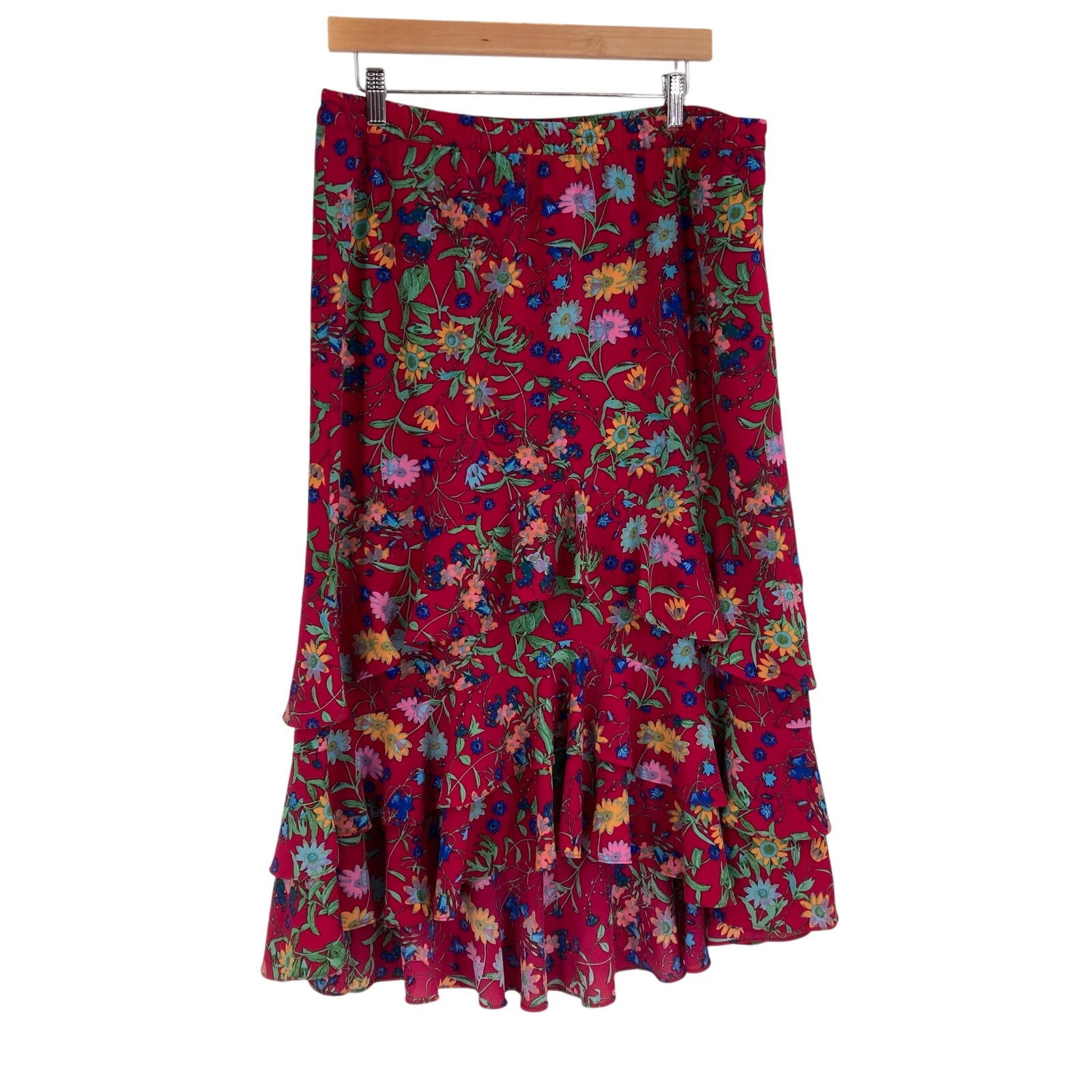 Vintage Floral Tiered Ruffle Midi Boho Artsy Cottage Fairy Skirt Lined Large